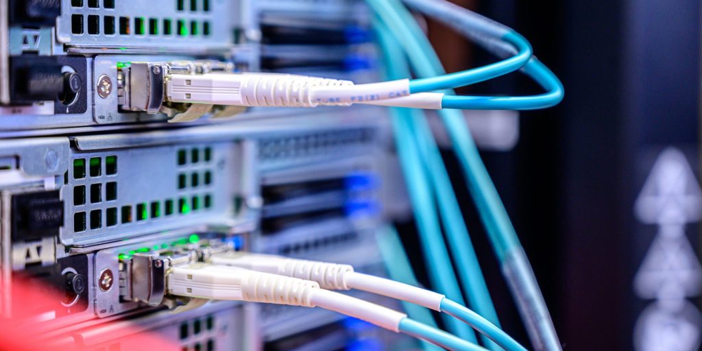 Close up photo of cables plugged into the server